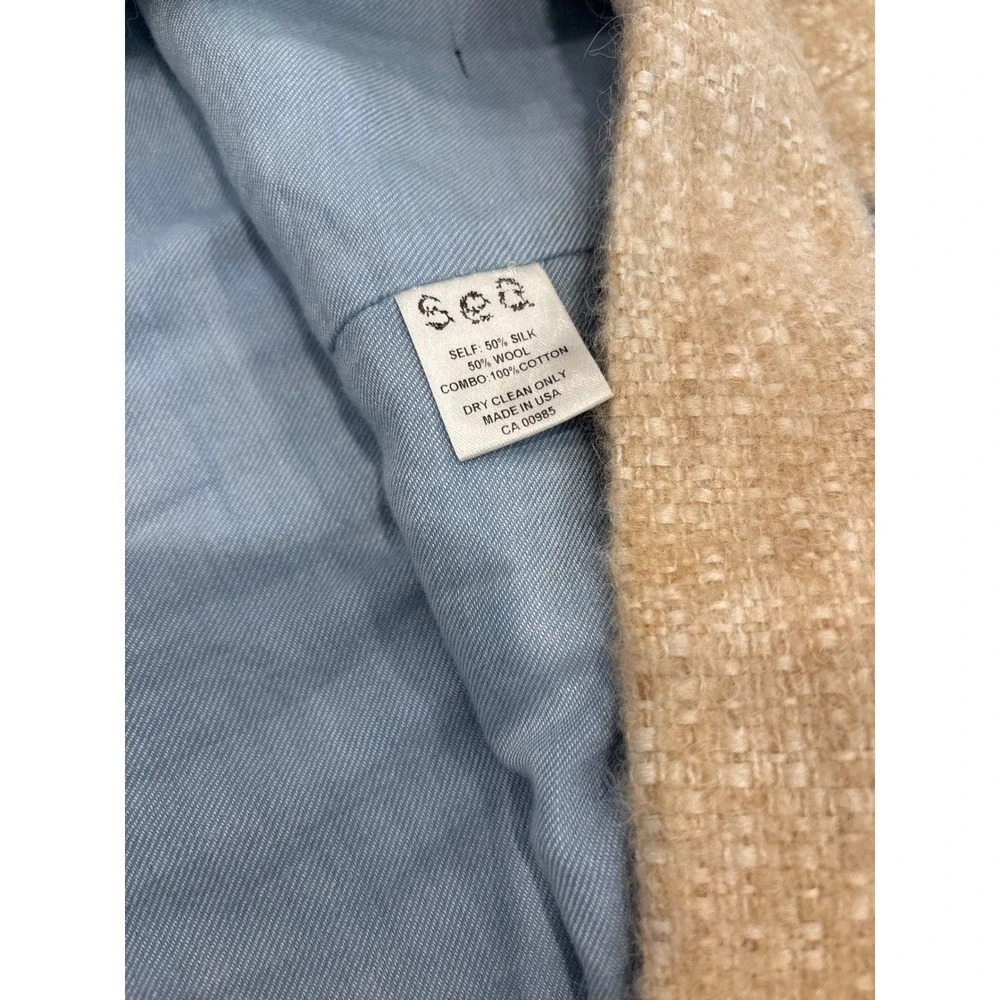 Sea New York Silk Wool Tweed Striped V-Neck Snap Side Shift Dress Oatmeal,Blue 6 - Picture 5 of 10